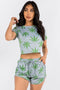 2 Pc. Weed Print Short Sleeve Crop Top W/ Shorts - Grey & Green